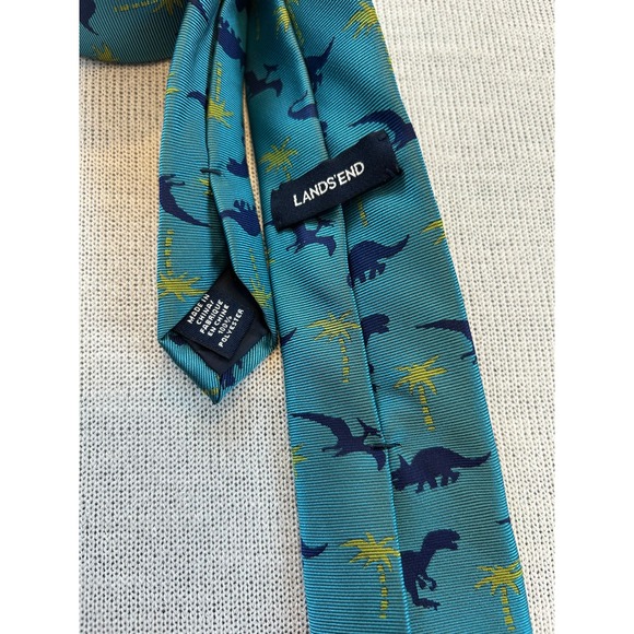 Lands End Teal Dinosaur Palm Tree Silk Polyester Blend Necktie Palenontologist - Picture 3 of 3